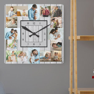 Horloge Carrée Collage photo 16 images bois blanchi numéroté