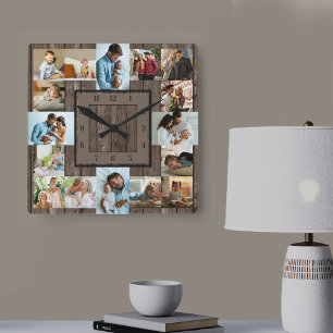 Horloge Carrée Collage photo 16 photos marron bois numérotées