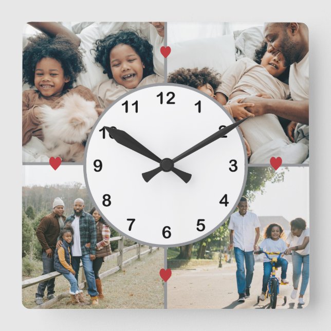 Horloge Carrée Collage photo avec des coeurs mignons (Recto)