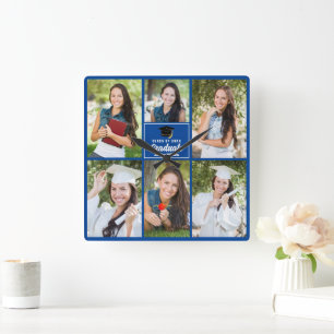 Horloge Carrée Collage photo Blue Graduate 2025 Graduation person