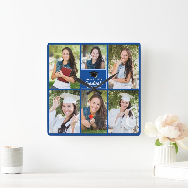 Horloge Carrée Collage photo Blue Graduate 2025 Graduation person (Maison)