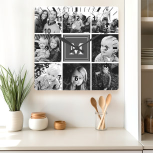Horloge Carrée Collage photo de famille à monogramme gris
