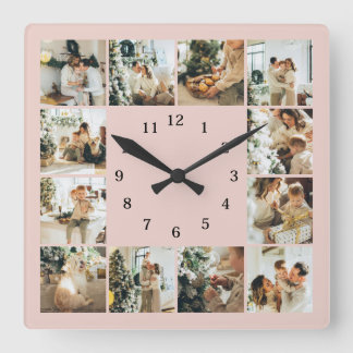 Horloge Carrée Collage photo de famille moderne Blush Keepsaké ro