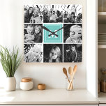 Horloge Carrée Collage photo de famille Monogramme turquoise<br><div class="desc">Montrez vos souvenirs de famille avec cette horloge murale carré personnalisée. Avec un arrière - plan turquoise élégant et un collage de vos photos préférées, cette horloge est un ajout unique et sentimental à toute maison. Ajoutez l'initiale de votre famille pour une touche personnelle. Un cadeau idéal pour les mariages,...</div>