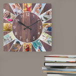 Horloge Carrée Collage photo de famille personnalisée Bois Brown<br><div class="desc">horloge photo carré personnalisée avec vos propres photos préférées. Le modèle photo est configuré pour vous permettre d'ajouter 12 de vos photos qui fonctionnent dans le sens des aiguilles d'une montre depuis le haut. Ce design chaleureux en bois marron a des chiffres blancs et se marie parfaitement avec la décoration...</div>