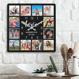 Horloge Carrée Collage photo de famille personnalisée Noir person