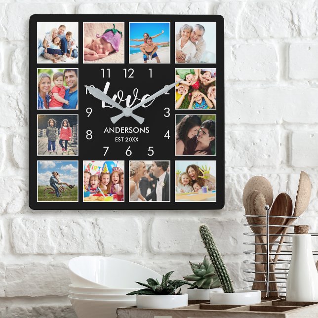 Horloge Carrée Collage photo de famille personnalisée Noir person (Créateur téléchargé)