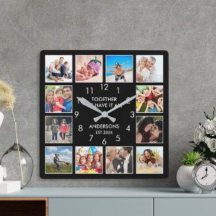 Horloge Carrée Collage photo de famille personnalisée Noir person