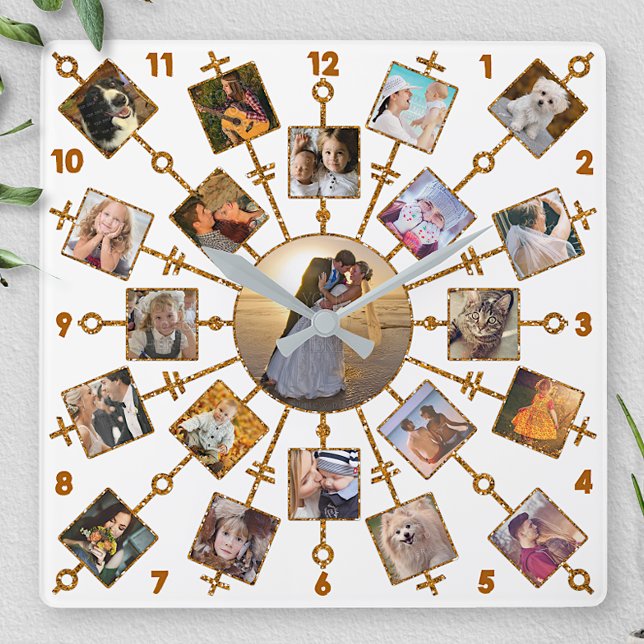 Horloge Carrée Collage Photo Famille 21 Photos Joli Blanc Or (Créateur téléchargé)