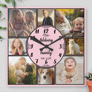 Horloge Carrée Collage Photo Famille 8 Instagram Photo Rose Oval