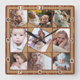 Horloge Carrée Collage photo famille 9 Instagram Pics Wood Burlap