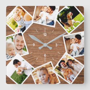 Horloge Carrée Collage Photo Famille Rustic Chic Farmhouse