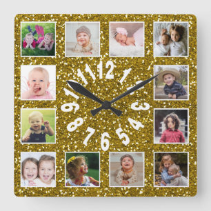 Horloge Carrée Collage photo Gold Parties scintillant 12
