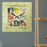 Horloge Carrée Collage photo Grand-parents Rustic Green Watercolo<br><div class="desc">Créez votre propre horloge murale unique pour les grands-parents en utilisant 8 de vos photos préférées. La main, avec de belles calligraphies, dit "le rire d'un petit-enfant est ensoleillé dans la maison". Le design se compose d'un arrière - plan vert tendre à l'aquarelle avec typographie vert olive et jaune. Vos...</div>