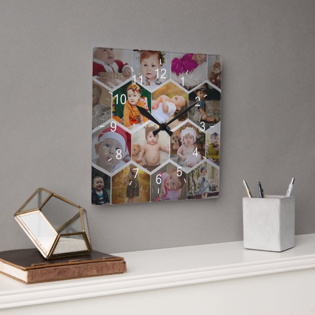 Horloge Carrée Collage photo Hexagon (Bureau)