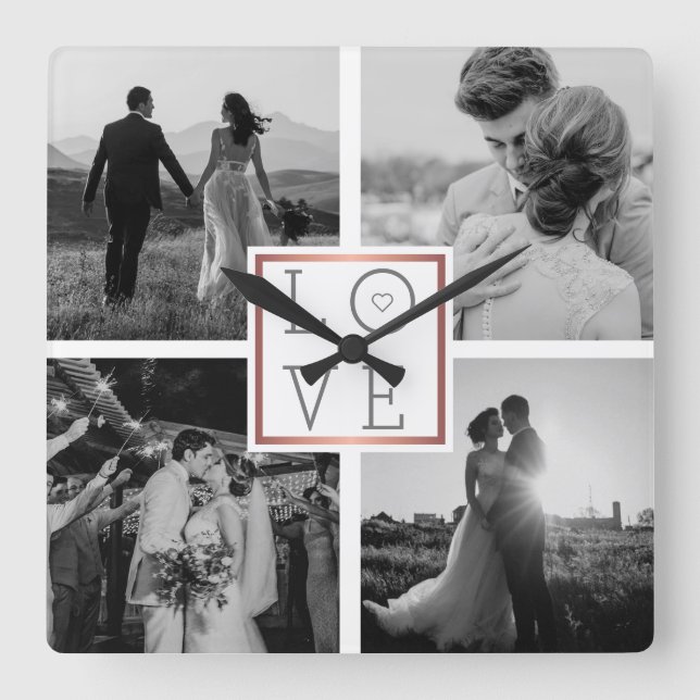 Horloge Carrée Collage photo mariage Love Black & White (Recto)