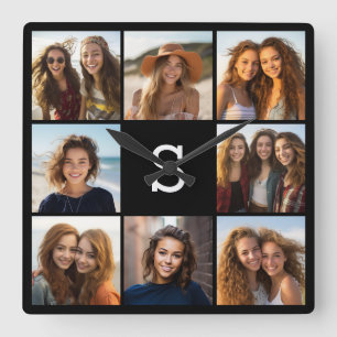 Horloge Carrée Collage photo noir massif Monogramme personnalisé