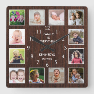 Horloge Carrée Collage photo personnalisé 12 Bois Brown foncé