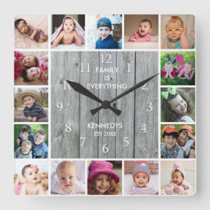 Horloge Carrée Collage photo personnalisé 16 Bois gris rustique