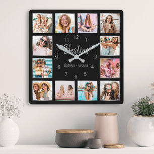 Horloge Carrée Collage photo personnalisé Black Silver Friendship
