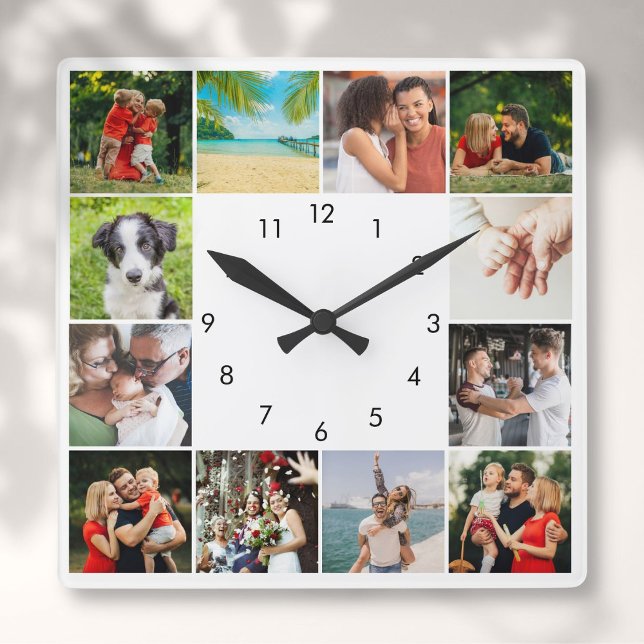 Horloge Carrée Collage photo personnalisé de 12 familles (Personalized 12 Family Photo Collage Square Wall Clock)