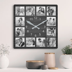 Horloge Carrée Collage photo personnalisé Élégante famille de boi