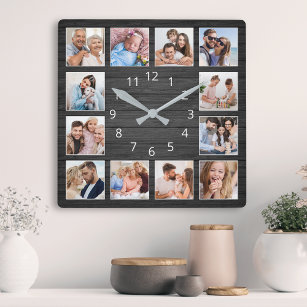 Horloge Carrée Collage photo personnalisé en bois noir Élégant