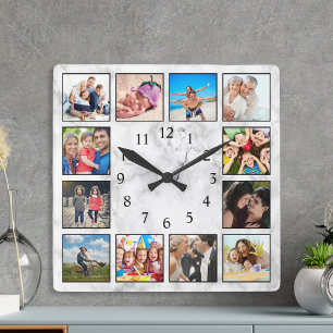 Horloge Carrée Collage photo personnalisé Marbre blanc élégant