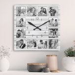 Horloge Carrée Collage photo personnalisé White Elegant Wood Fami<br><div class="desc">Personnalisez facilement cette horloge murale élégante en planches blanches avec vos photos personnalisées. Le modèle utilise un filtre photo noir et blanc pour créer un look plus coordonné. Pour obtenir de meilleurs résultats, recadrez les images vers le carré - avec le point de mire au centre - avant de les...</div>