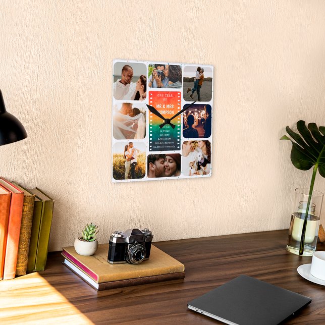 Horloge Carrée Collage photo Sunset Mr et Mrs 1er Anniversaire (Créateur téléchargé)