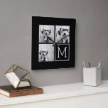 Horloge Carrée Collage photo tendance noir et blanc avec Monogram<br><div class="desc">Utilisez 3 photos carrés pour créer un cadeau unique et personnel. Ou vous pouvez garder le chiot hipster et faire un gardien branché. Si vous avez besoin d'ajuster les images,  cliquez sur l'outil personnaliser pour apporter des modifications.</div>