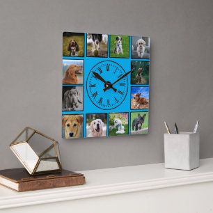 Horloge Carrée Collage photos de chiens sur Arrière - plan bleu