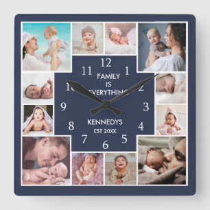 Horloge Carrée Collection photo moderne 12 Famille Citation Bleu