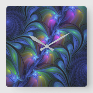 Horloge Carrée Coloré Lumineux Abstrait Bleu rose Vert Fractal