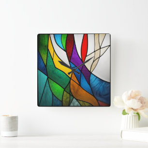 Horloge Carrée Coloré Vitrage Mosaïque Abstraction