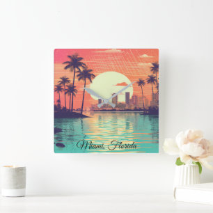 Horloge Carrée Coloré Voyage Rétro Vintage Miami Floride
