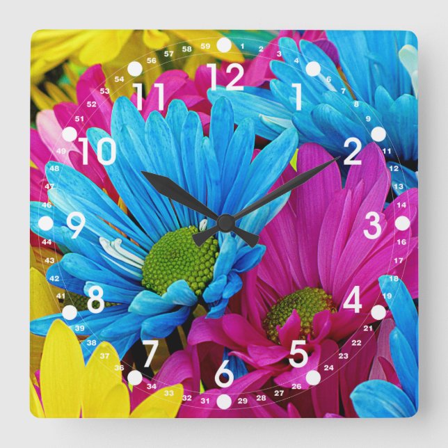 Horloge Carrée Colorée Rose Turquoise Bleu  Gerber Fleurs (Recto)