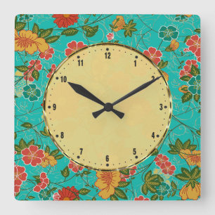 Horloge Carrée Colorful Floral Collage Motif