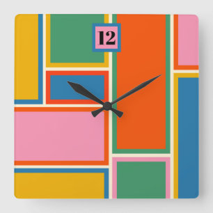 Horloge Carrée Colorful Midcentury Modern Geometric Minimum