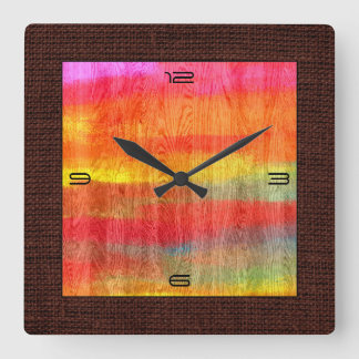 Horloge Carrée Colorful Moderne Wood Grain Burlap Border #7