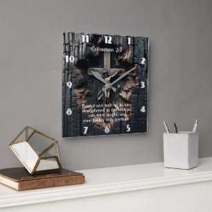 Horloge Carrée Colossiens 2:7 Enracinés dans la foi : la croix
