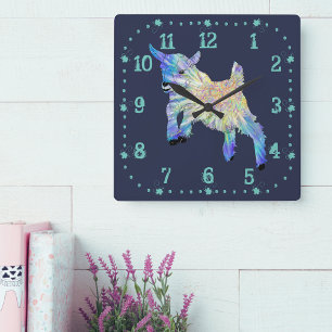Horloge Carrée Colourful Cute Baby Goat Jumping Funky Animal Art