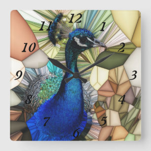 Horloge Carrée Colourful Peacock Mosaic Clock