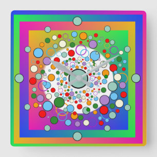 Horloge Carrée Colourful vibrant Rainbow Circles and Dots