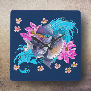 Horloge Carrée Combattant siamois Betta Vagues de Lotus Bleu