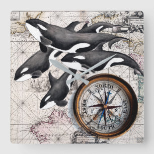 Horloge Carrée Compas Nautique Orca