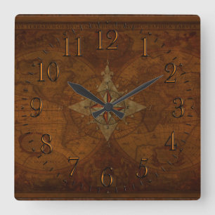 Horloge Carrée Compass Rose et Old World Map