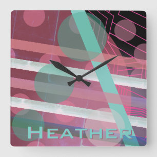 Horloge Carrée Conception Abstraite/Rose & Turquoise/Personnalisé
