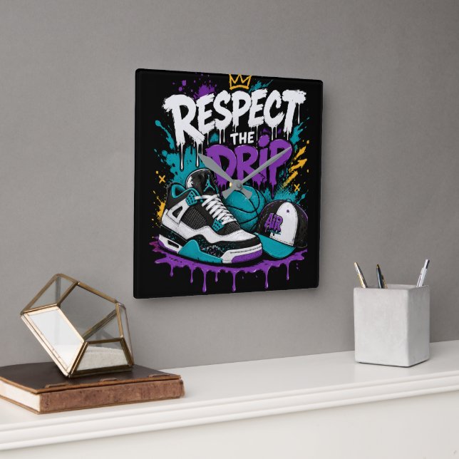 Horloge Carrée Conception de basketball Respect The Drip (Bureau)