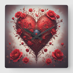 Horloge Carrée Conception de cœur floral rouge avec des fleurs ép